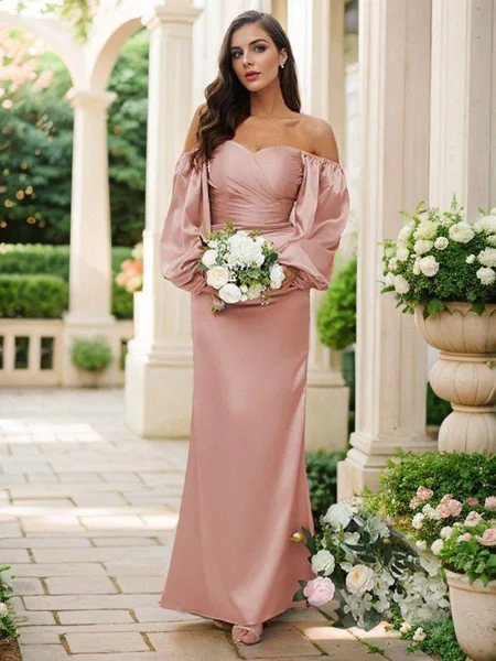 Sheath/Column Silk like Satin Ruched Off-the-Shoulder Long Sleeves Floor-Length Bridesmaid Dresses
