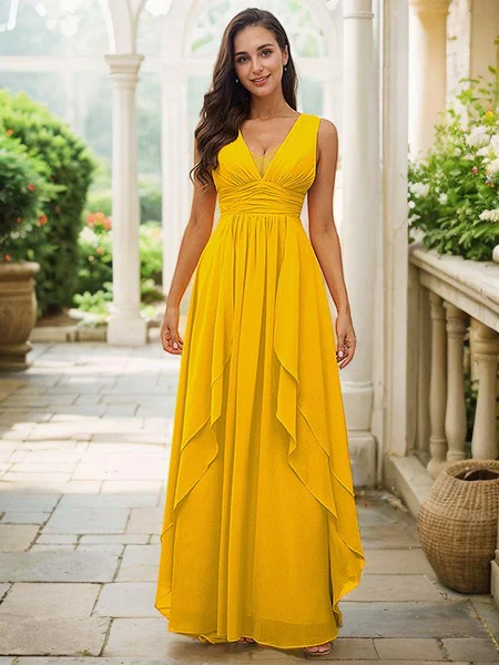 A-Line/Princess Chiffon Ruffles V-neck Sleeveless Floor-Length Bridesmaid Dresses