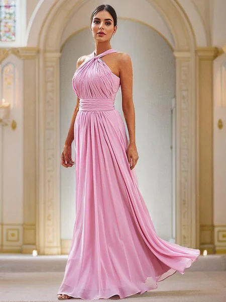 A-Line/Princess Chiffon Ruched Halter Sleeveless Floor-Length Bridesmaid Dresses