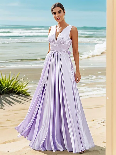 A-Line/Princess Silk like Satin Ruffles V-neck Sleeveless Floor-Length Bridesmaid Dresses
