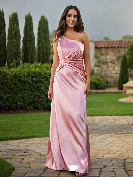 Sheath/Column Silk Like Satin Ruched One-Shoulder Sleeveless Floor-Length Bridesmaid Dresses