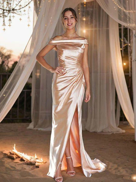 Sheath/Column Silk Like Satin Ruched Off-The-Shoulder Sleeveless Sweep Train Bridesmaid Dresses