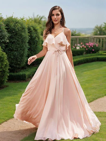 A-Line/Princess Chiffon Sash/Ribbon/Belt V-Neck Sleeveless Floor-Length Bridesmaid Dresses