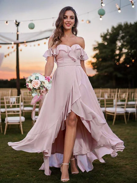 A-Line/Princess Chiffon Ruffles Off-The-Shoulder Sleeveless Asymmetrical Bridesmaid Dresses