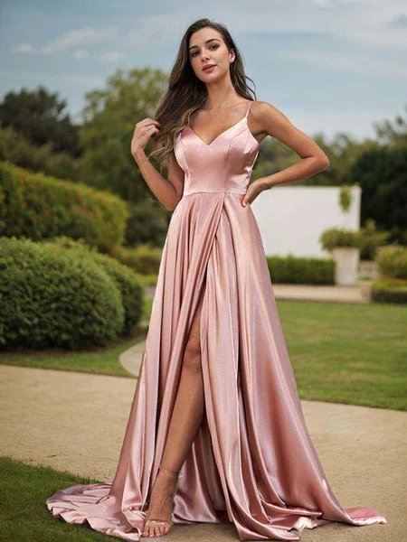 A-Line/Princess Silk like Satin Ruffles V-Neck Sleeveless Sweep Train Bridesmaid Dresses