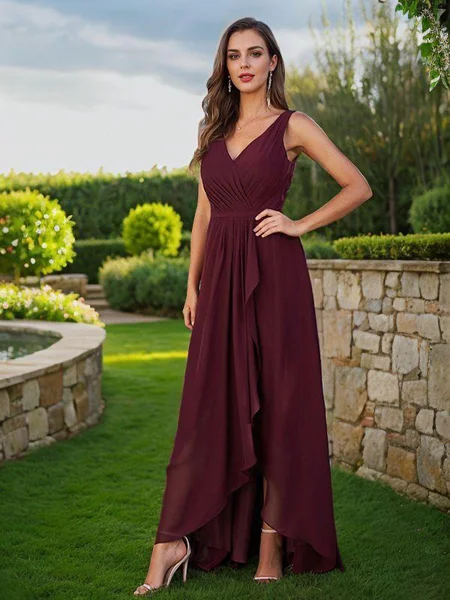 A-Line/Princess Chiffon Ruched V-Neck Sleeveless Floor-Length Bridesmaid Dresses