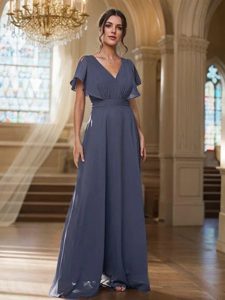 A-Line/Princess Chiffon Ruffles V-neck Short Sleeves Floor-Length Bridesmaid Dresses