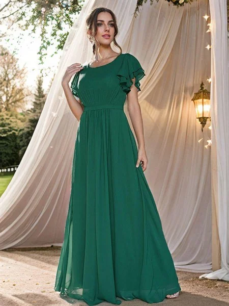 A-Line/Princess Chiffon Ruffles Scoop Short Sleeves Floor-Length Bridesmaid Dresses