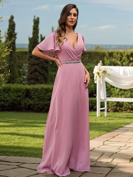 A-Line/Princess Chiffon Sash/Ribbon/Belt V-neck Short Sleeves Floor-Length Bridesmaid Dresses