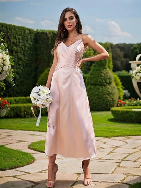 A-Line/Princess Silk like Satin Ruched V-neck Sleeveless Ankle-Length Bridesmaid Dresses