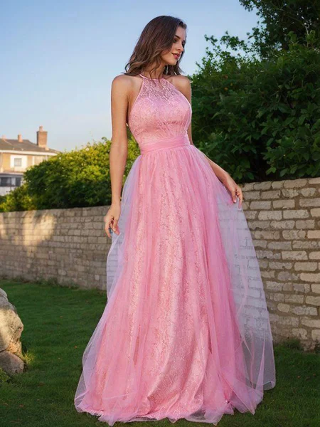 A-Line/Princess Tulle Ruffles Halter Sleeveless Sweep Train Bridesmaid Dresses