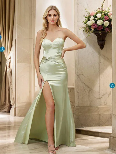 Sheath/Column Silk like Satin Ruched Sweetheart Sleeveless Floor-Length Bridesmaid Dresses