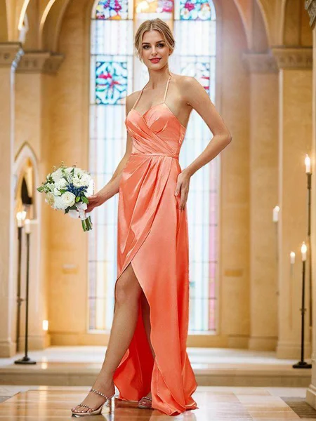 A-Line/Princess Silk Like Satin Ruched V-neck Sleeveless Asymmetrical Bridesmaid Dresses