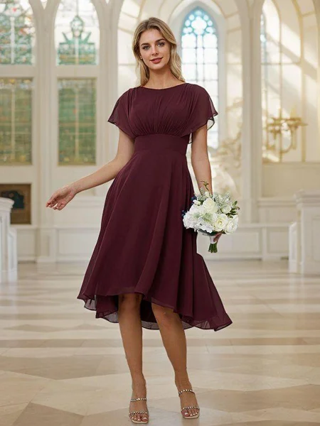 A-Line/Princess Chiffon Ruched Scoop Short Sleeves Asymmetrical Bridesmaid Dresses