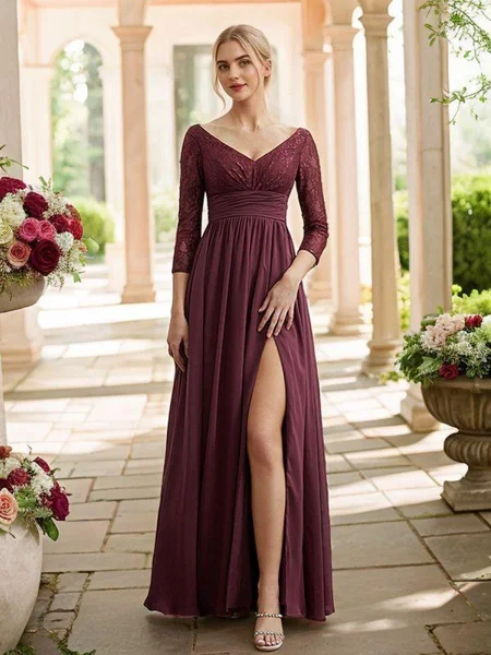 A-Line/Princess Chiffon Lace V-neck Long Sleeves Floor-Length Bridesmaid Dresses