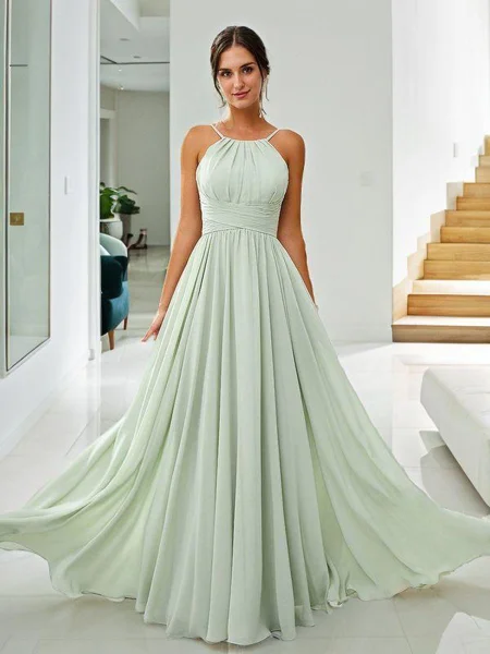 A-Line/Princess Chiffon Ruched Halter Sleeveless Floor-Length Bridesmaid Dresses