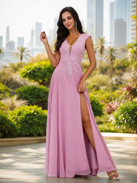 A-Line/Princess Chiffon Applique V-neck Sleeveless Floor-Length Bridesmaid Dresses