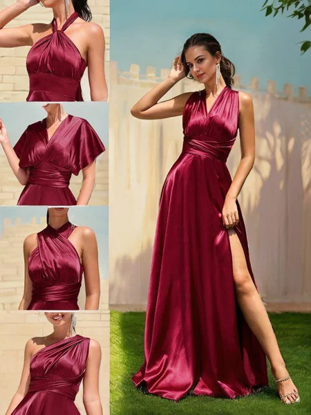 A-Line/Princess Silk Like Satin Bowknot Sleeveless Floor-Length Bridesmaid Dresses