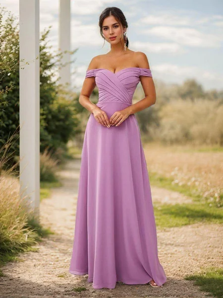 A-Line/Princess Chiffon Ruched Off-the-Shoulder Sleeveless Floor-Length Bridesmaid Dresses