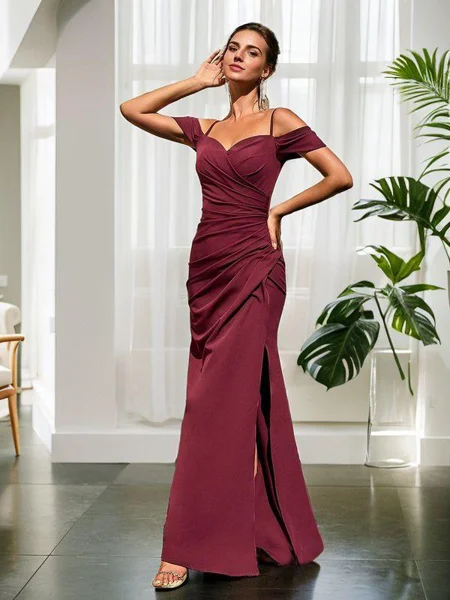 Sheath/Column Stretch Crepe Ruched V-neck Sleeveless Sweep/Brush Train Bridesmaid Dresses