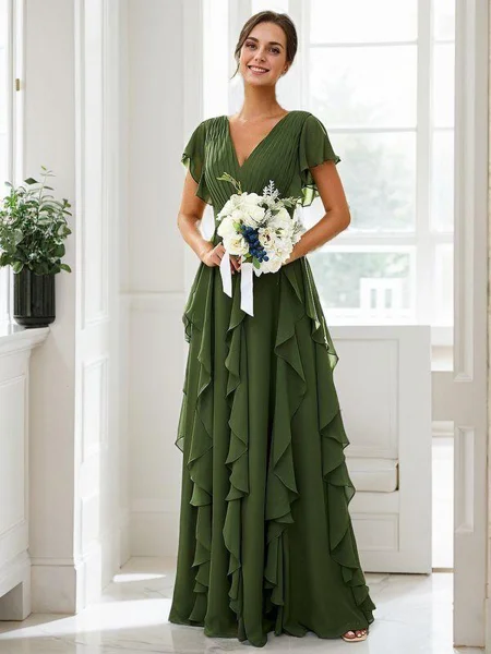 A-Line/Princess Chiffon Ruffles V-neck Short Sleeves Floor-Length Bridesmaid Dresses