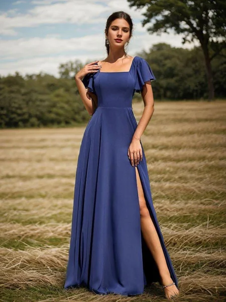 A-Line/Princess Chiffon Square Short Sleeves Floor-Length Bridesmaid Dresses