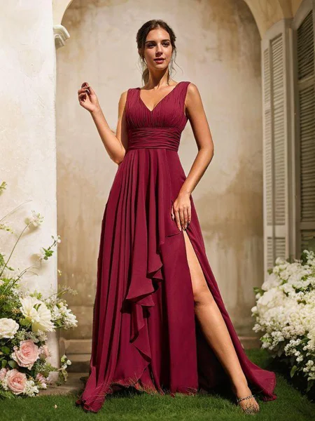 A-Line/Princess Chiffon Ruffles V-neck Sleeveless Floor-Length Bridesmaid Dresses