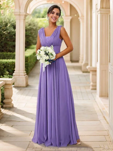 A-Line/Princess Chiffon Ruched V-neck Sleeveless Floor-Length Bridesmaid Dresses