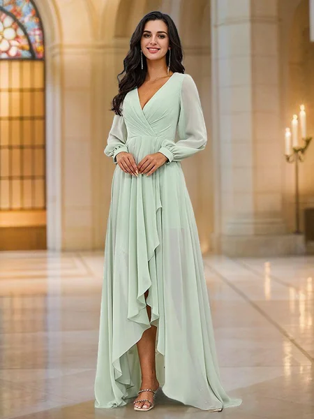 A-Line/Princess Chiffon Ruched V-neck Long Sleeves Asymmetrical Bridesmaid Dresses