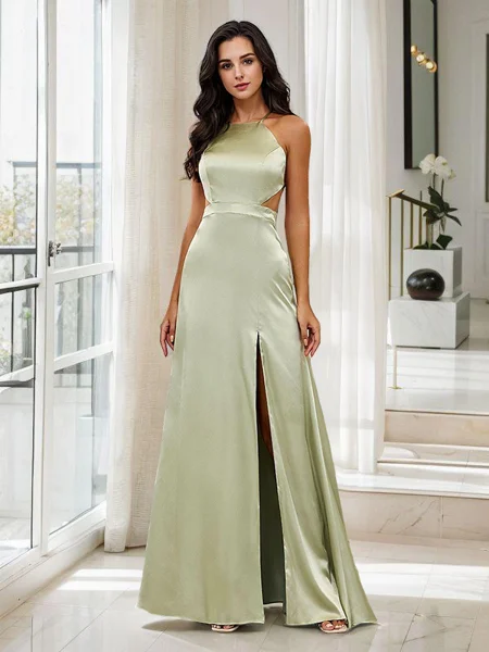 A-Line/Princess Silk Like Satin Halter Sleeveless Floor-Length Bridesmaid Dresses