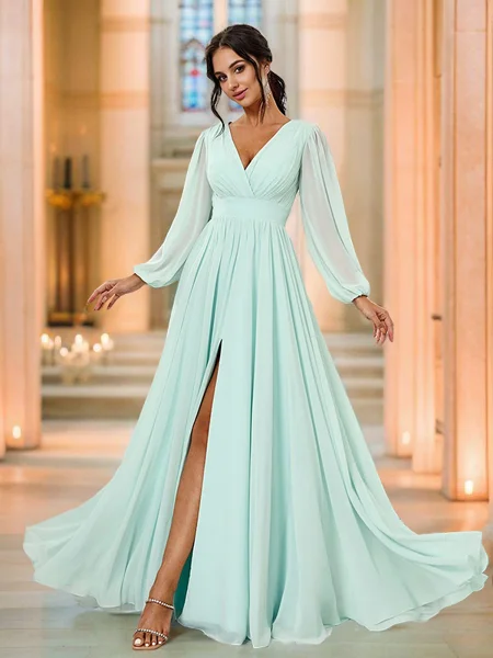 A-Line/Princess Chiffon Ruched V-neck Long Sleeves Floor-Length Bridesmaid Dresses