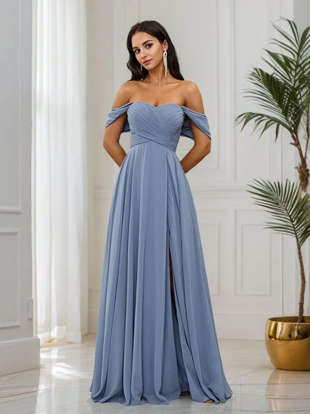 A-Line/Princess Chiffon Ruched Off-the-Shoulder Sleeveless Floor-Length Bridesmaid Dresses
