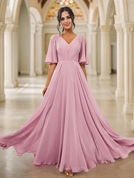 A-Line/Princess Chiffon Ruched V-neck Short Sleeves Floor-Length Bridesmaid Dresses