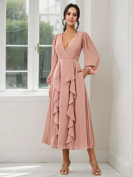 A-Line/Princess Chiffon Ruffles V-neck Long Sleeves Tea-Length Bridesmaid Dresses
