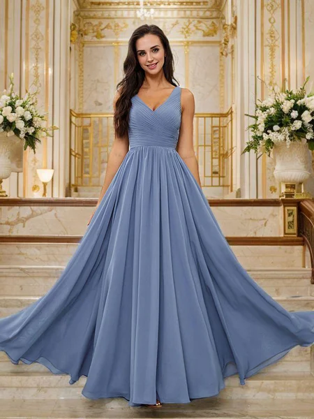 A-Line/Princess Chiffon Ruched V-neck Sleeveless Floor-Length Bridesmaid Dresses