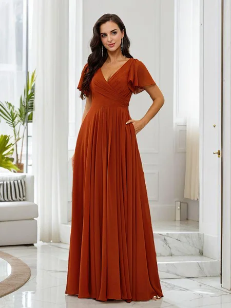 A-Line/Princess Chiffon Ruched V-neck Short Sleeves Floor-Length Bridesmaid Dresses