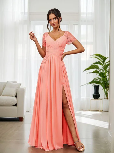 A-Line/Princess Chiffon Ruched V-neck Short Sleeves Floor-Length Bridesmaid Dresses