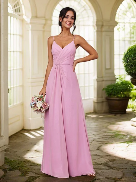 A-Line/Princess Chiffon Ruched V-neck Sleeveless Floor-Length Bridesmaid Dresses