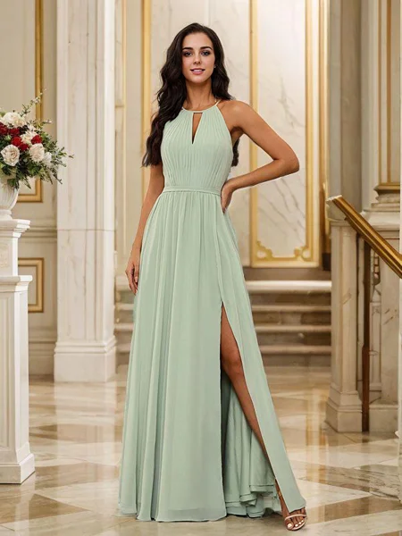 A-Line/Princess Chiffon Ruched Halter Sleeveless Floor-Length Bridesmaid Dresses