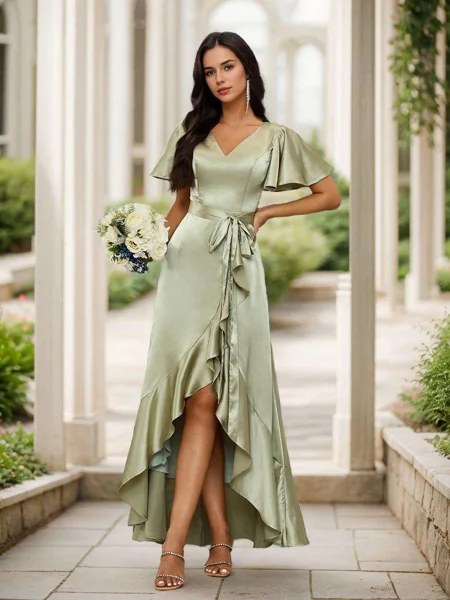 A-Line/Princess Silk Like Satin Ruffles V-neck Short Sleeves Asymmetrical Bridesmaid Dresses