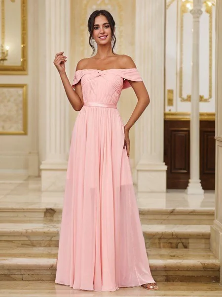 A-Line/Princess Chiffon Ruched Off-the-Shoulder Sleeveless Sweep/Brush Train Bridesmaid Dresses