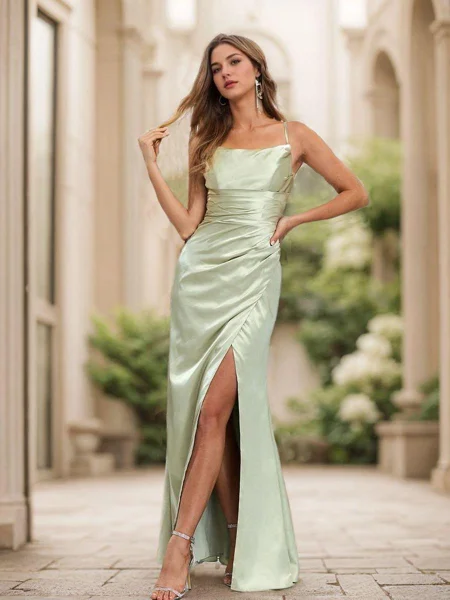 Sheath/Column Silk Like Satin Ruched Spaghetti Straps Sleeveless Floor-Length Bridesmaid Dresses