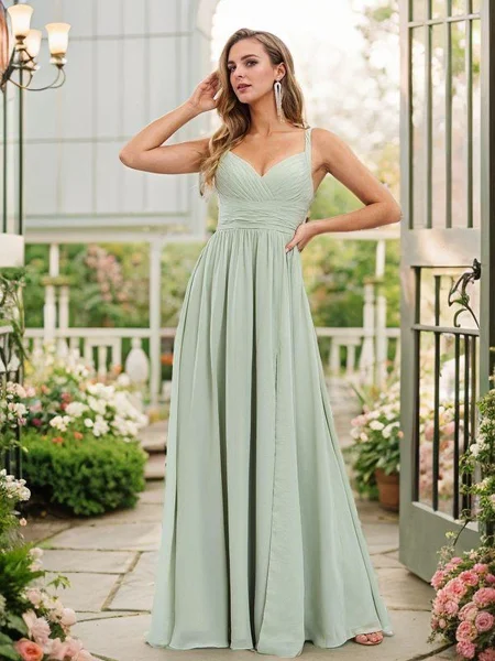 A-line/Princess Chiffon Ruched V-neck Sleeveless Floor-Length Bridesmaid Dresses