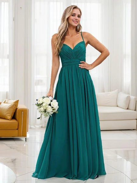 A-line/Princess Chiffon Ruched V-neck Sleeveless Floor-Length Bridesmaid Dresses