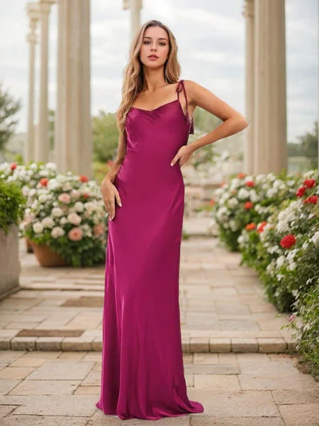 Sheath/Column Silk Like Satin Spaghetti Straps Sleeveless Floor-Length Bridesmaid Dresses