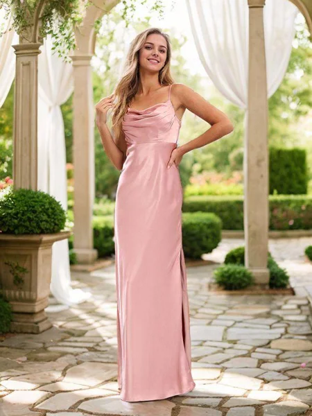Sheath/Column Silk Like Satin Ruched Spaghetti Straps Sleeveless Floor-Length Bridesmaid Dresses