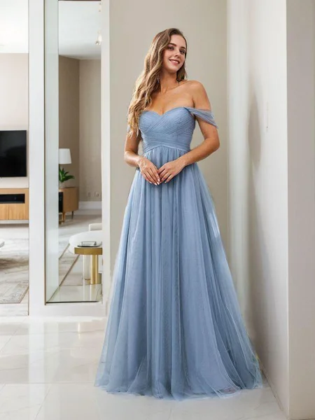 A-line/Princess Tulle Ruched Off-the-Shoulder Sleeveless Floor-Length Bridesmaid Dresses