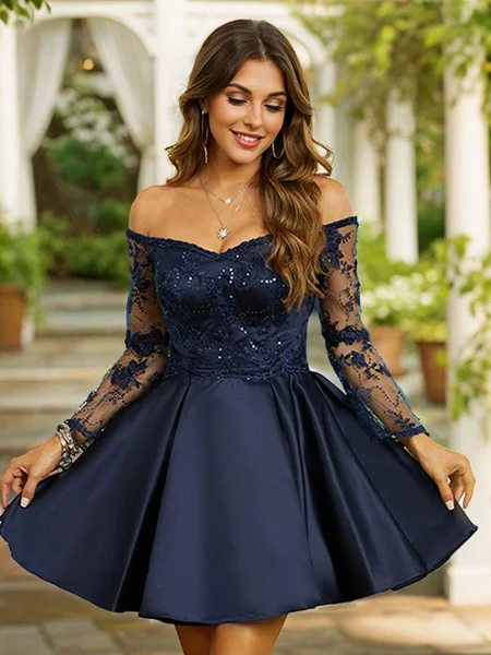 A-Line/Princess Satin Lace Off-the-Shoulder Long Sleeves Short/Mini Dresses