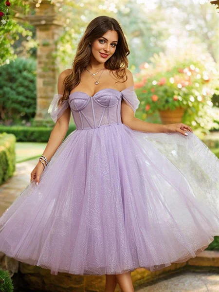 A-Line/Princess Tulle Ruffles Off-the-Shoulder Sleeveless Tea-Length Dresses