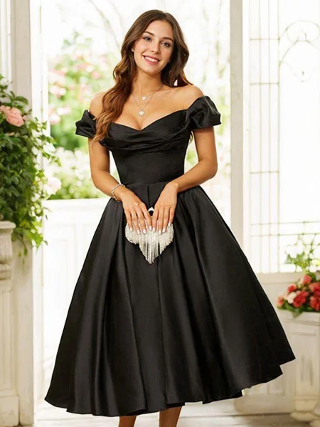 A-Line/Princess Satin Ruched Off-the-Shoulder Sleeveless Tea-Length Dresses